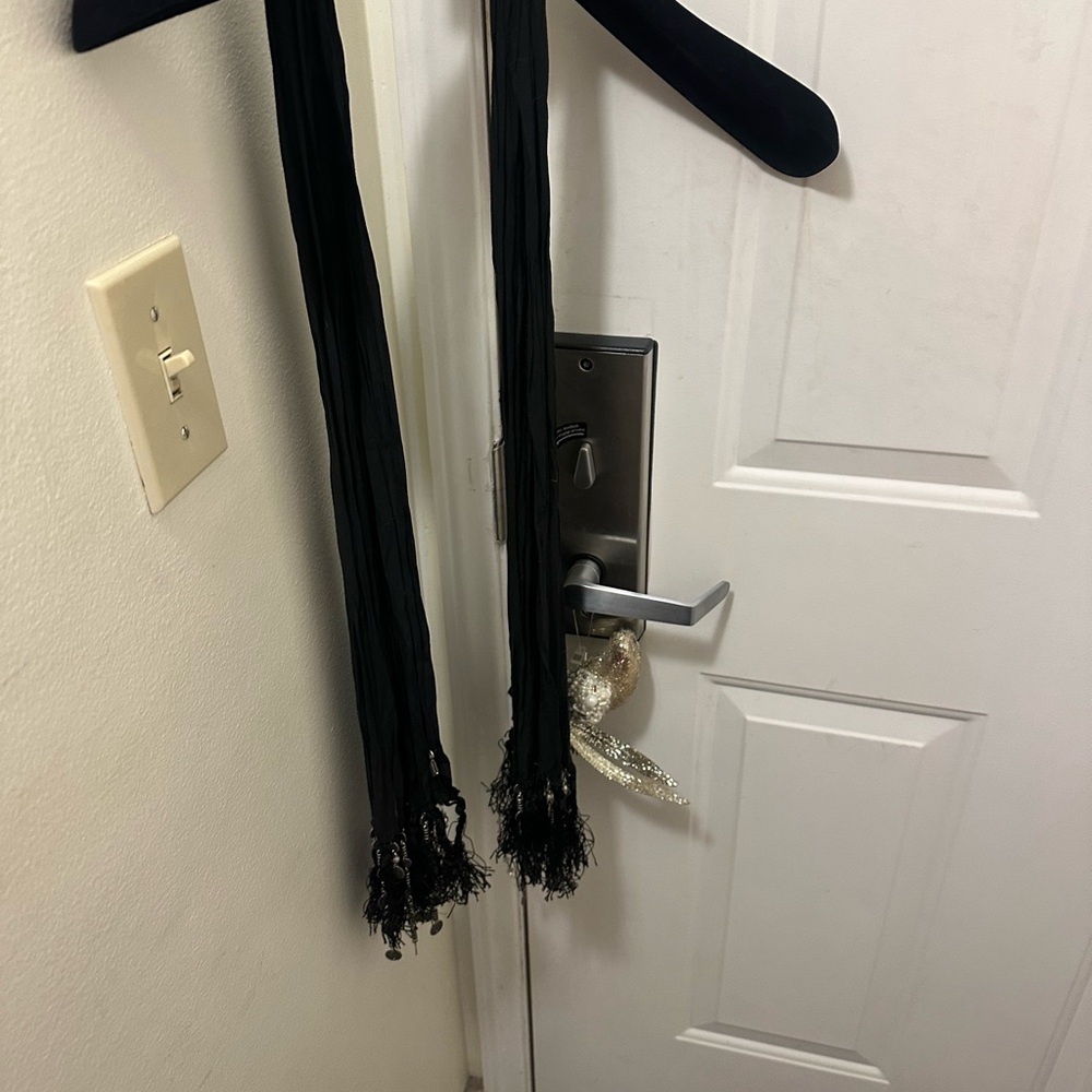 Black YSl Scarf /belt with Silver accents and fringe , silk embellished - Picture 7 of 7